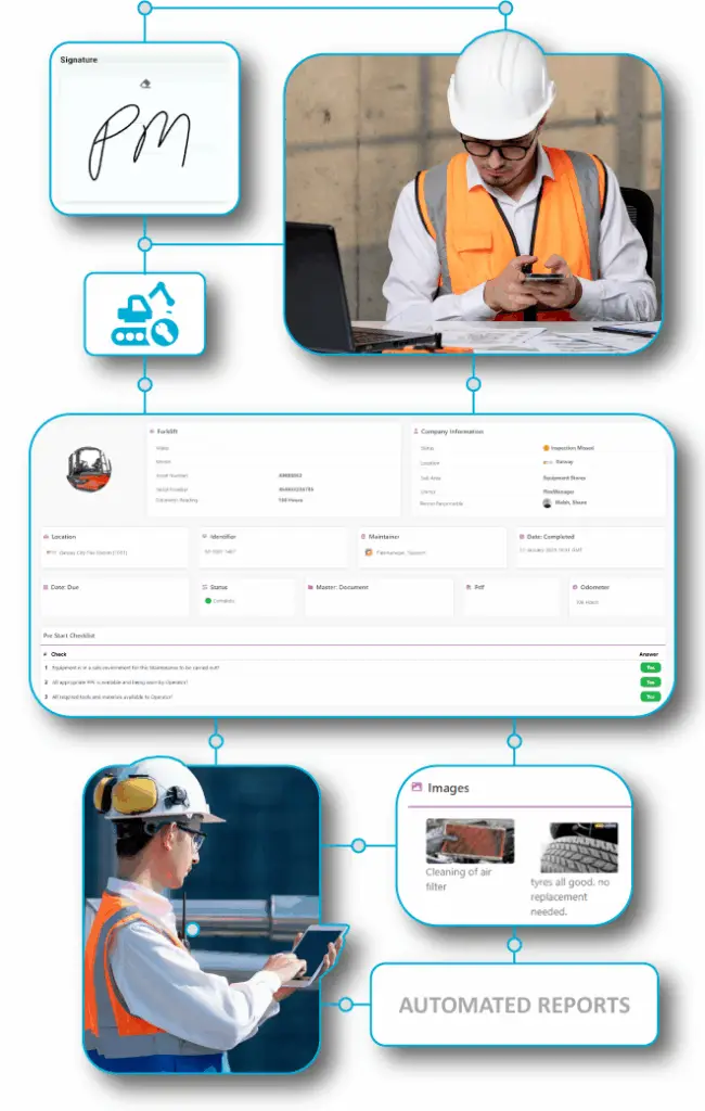 Technician performing on-site asset inspection with FlexManager mobile app for efficient plant maintenance.