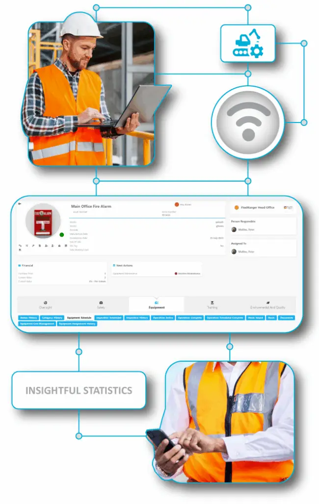 Manager using FlexManager Asset Management system to oversee equipment records, track asset locations, and monitor utilisation for effective plant and location operations