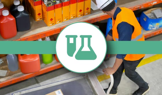 Chemical Library Module interface showing a central register of on‑site chemicals, linked risk assessments, stock control, expiration alerts and audit trails for environmental compliance.