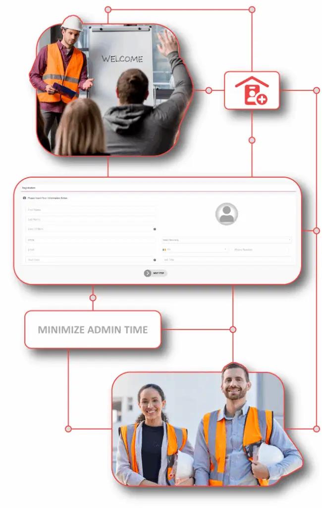 HR professional using FlexManager Employee Onboarding system to streamline new hire integration, track training completion, ensure compliance, and standardize site-specific onboarding processes, integrated with employee profiles and orientation records.
