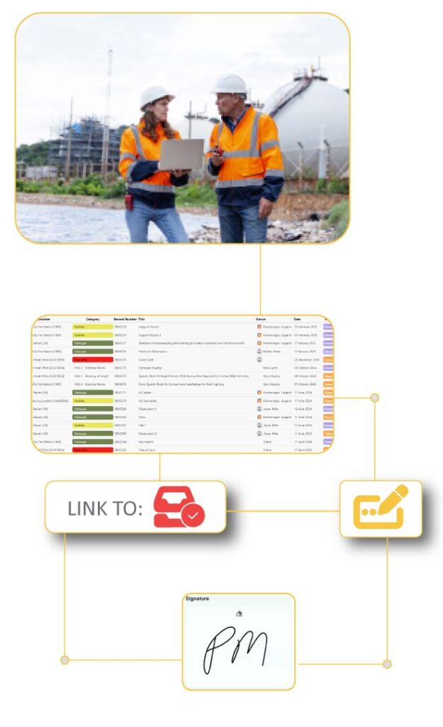 HSEQ professional using FlexManager’s Field Level Risk Assessment module on-site to capture live conditions, identify hazards, sign off digitally, and manage alerts and actions.