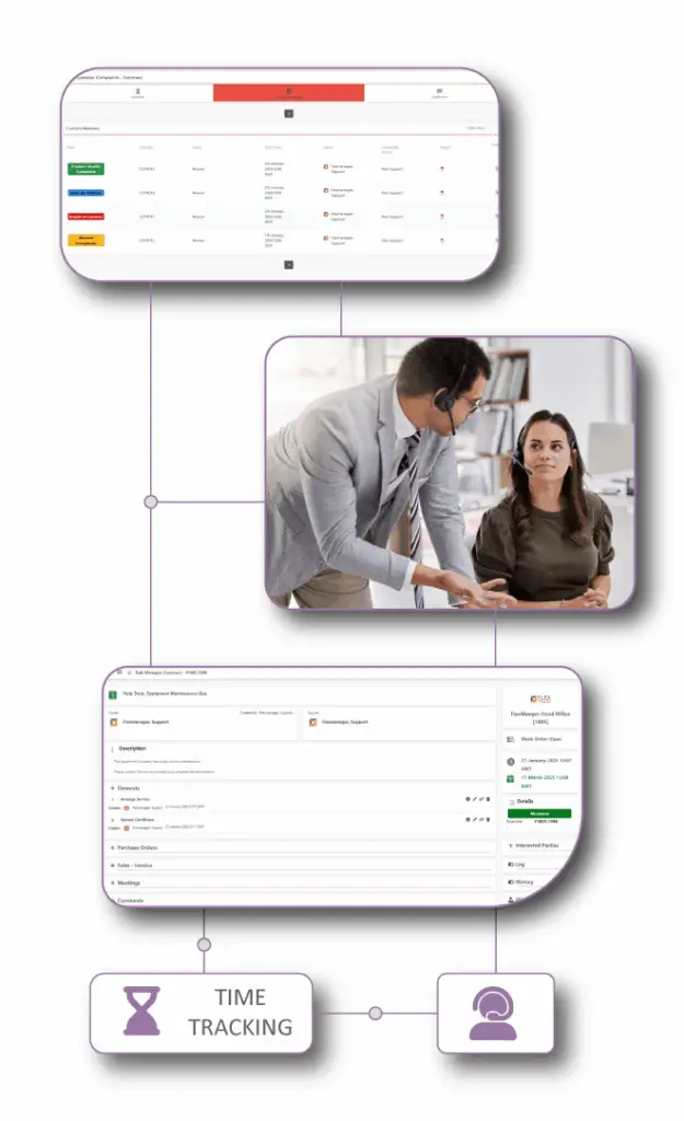 FlexManager Helpdesk solution dashboard showing streamlined ticket management, customizable priorities, and integrated support for efficient issue resolution, task tracking, and knowledge base creation, enhancing safety and operational communication.