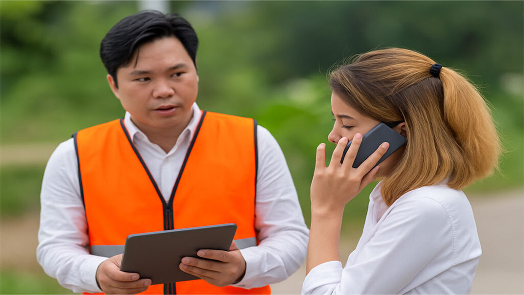 Worker on tablet taking the details of an incident being reported by a woman