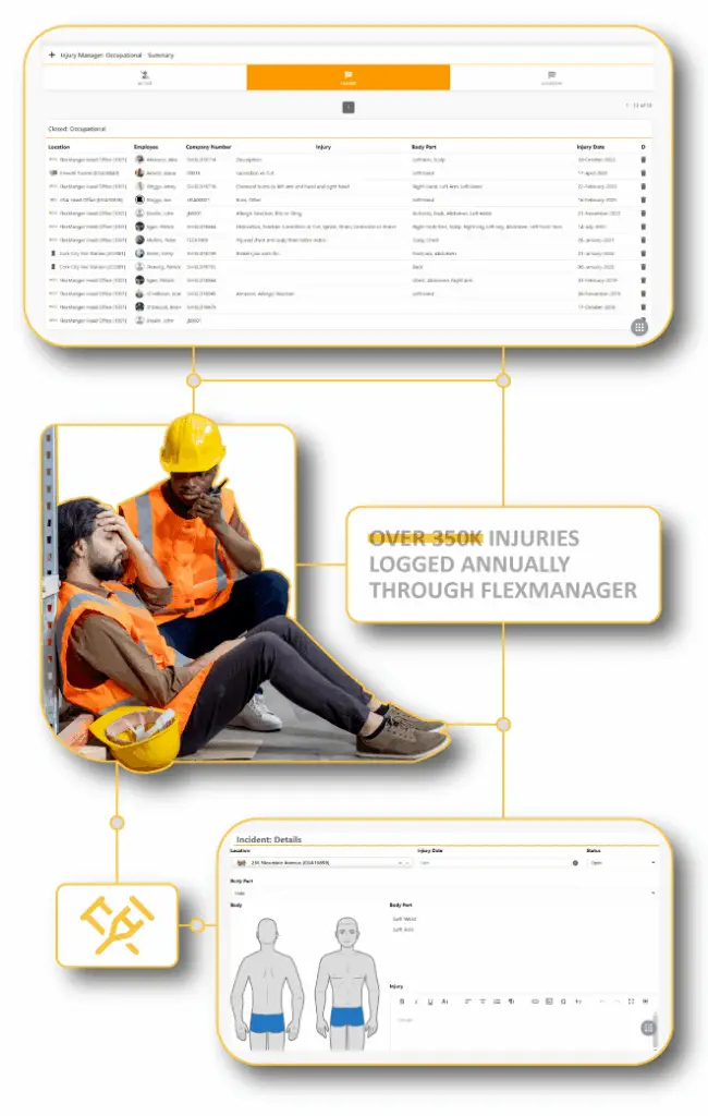 HSE manager using FlexManager’s Injury Manager module to track workplace injuries from reporting and documentation to legal reporting and phased return-to-work planning.