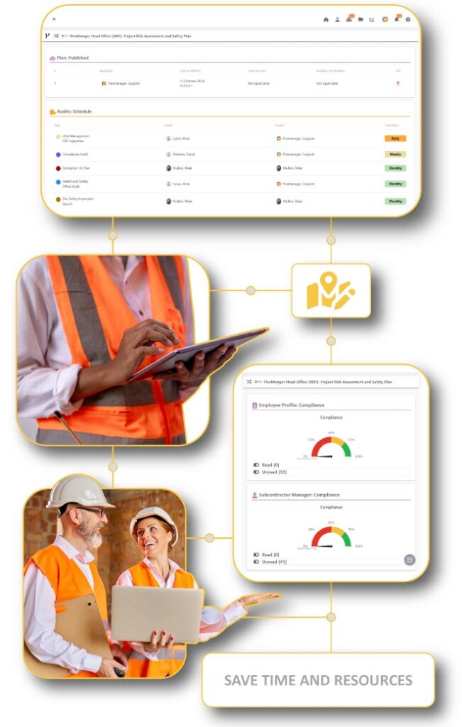 Engineers and contractors using FlexManager’s Project Safety Plan Module to manage site-specific safety and compliance.