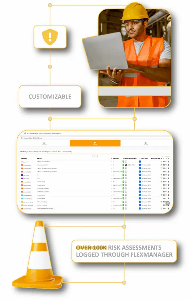 HSEQ professional conducting a digital risk assessment using FlexManager, capturing live site conditions, linking training requirements, and assigning corrective actions.