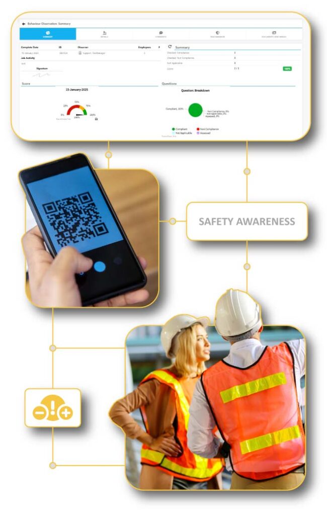 Safety professional using FlexManager’s Safety Observations module to log and categorize safety concerns, suggest improvements, and assign corrective actions for enhanced workplace safety.