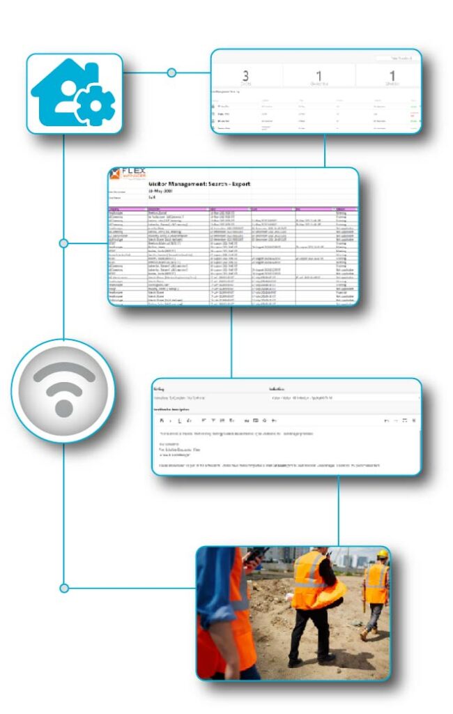 On-site professional using FlexManager Visitor Management system to register visitors, print badges, and track onsite activity for secure plant and location access control.