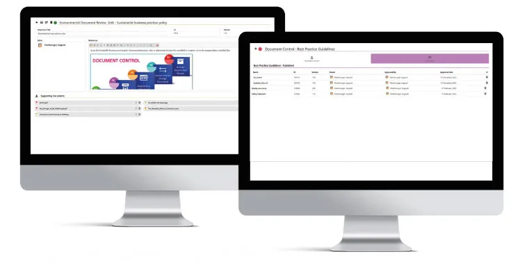 Computer screen displaying Quality Management Software with modules for Policies & Procedures, Document Control, Document Library, Defect Investigations, and Lessons Learned.