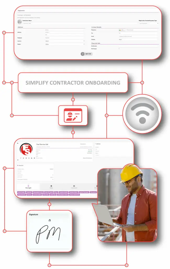 Site Manager using Contractor Self-Registration, a FlexManager system, a self-service platform for contractors to manage their profiles, upload documents, and integrate with NFC for quick check-ins.