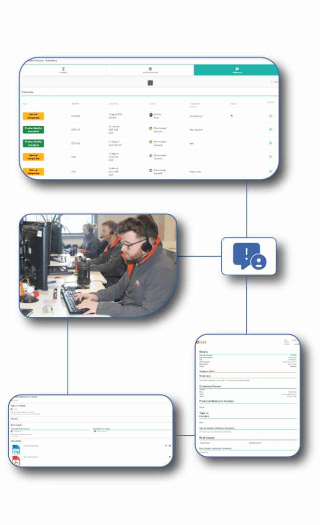 FlexManager's Customer Complaints system is used to facilitate transparent issue management, assign tasks, and enable proactive trend analysis to build trust and prevent recurring problems