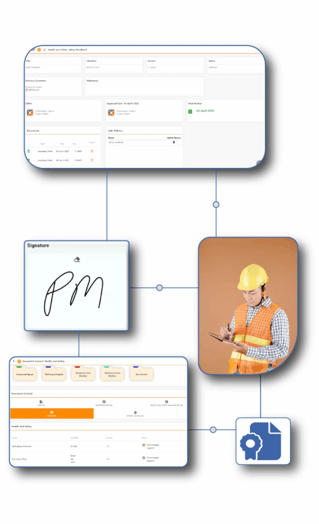 HSEQ professional using Document Control, a FlexManager's Solution for total document traceability, version control, and audit-ready records with digital signatures.
