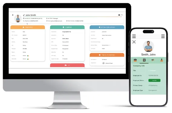A computer and mobile device show integrated HR & Workforce Solutions, demonstrating streamlined onboarding, time tracking, and performance management across platforms.