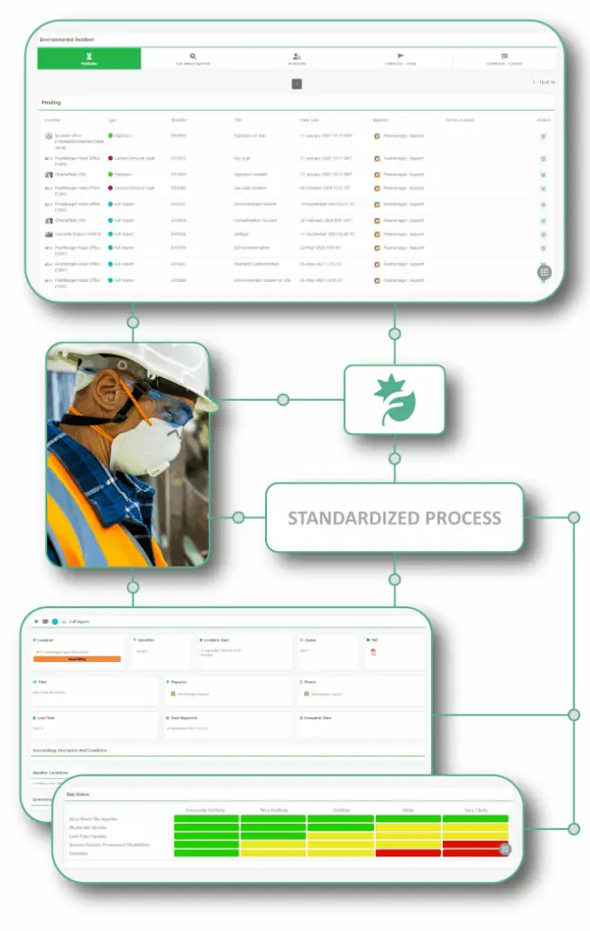 HSEQ officer using FlexManager Environmental Incidents module, a mobile-to-desktop integrated solution for simplified regulatory reporting , thorough investigations, and effective corrective actions.