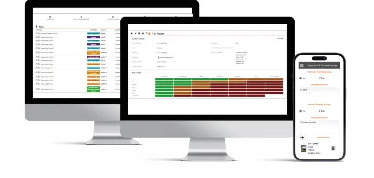 Computer and mobile screens displaying Eco-Compliance Solutions software, featuring modules for Chemical Library, Environmental Audits, Incident Management, Waste Tracking, and Permits.