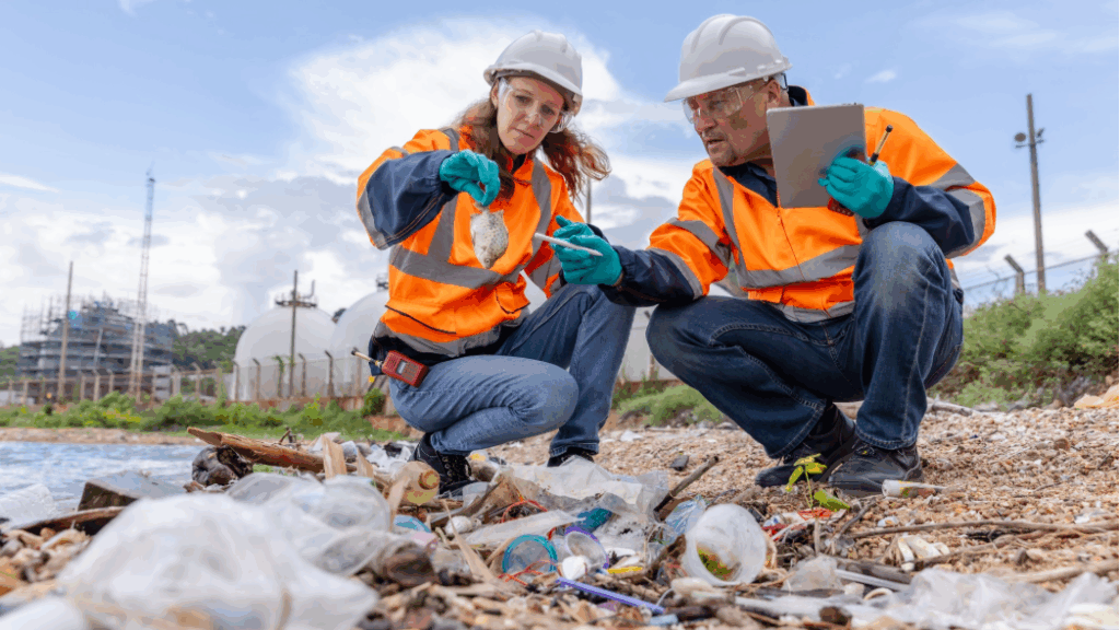 Professionals conducting an environmental inspection outdoors, highlighting the critical role of environmental audits in maintaining sustainability.