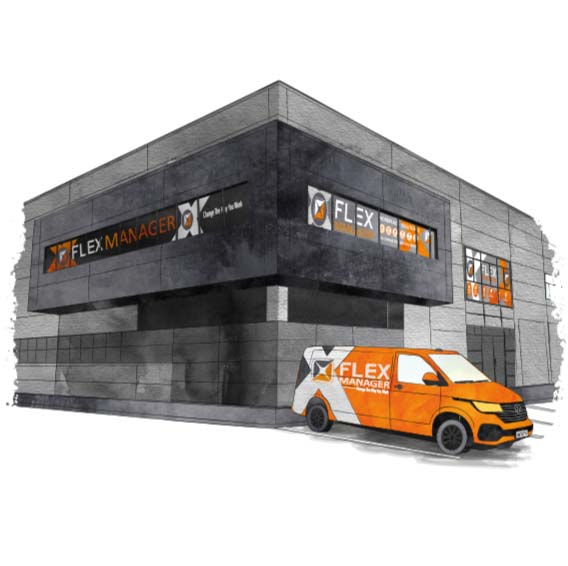 Illustration of FlexManager corporate headquarters and customized van.