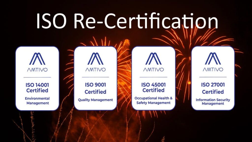 Celebration of the re-certification of ISO achievements for Environmental Management, Quality Management, Occupational Health and Safety Management, and Information Security Management, demonstrating compliance in multiple fields.
