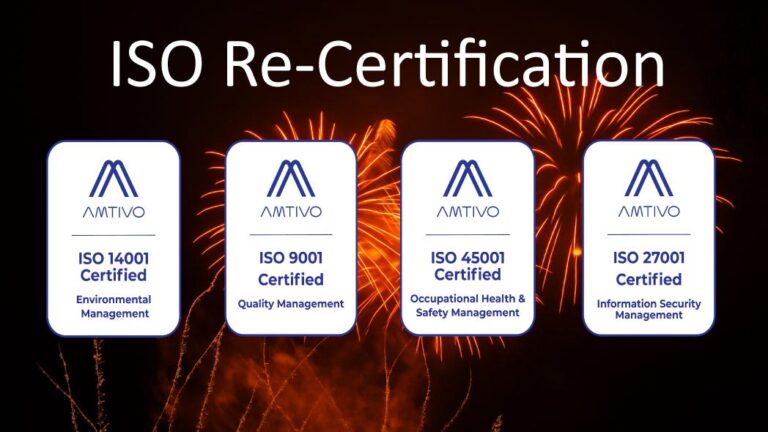 Celebration of the re-certification of ISO achievements for Environmental Management, Quality Management, Occupational Health and Safety Management, and Information Security Management, demonstrating compliance in multiple fields.