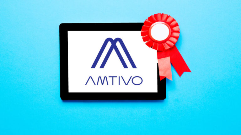 Digital device showing Amtivo logo with award ribbon, symbolizing trusted ISO standards and quality management.