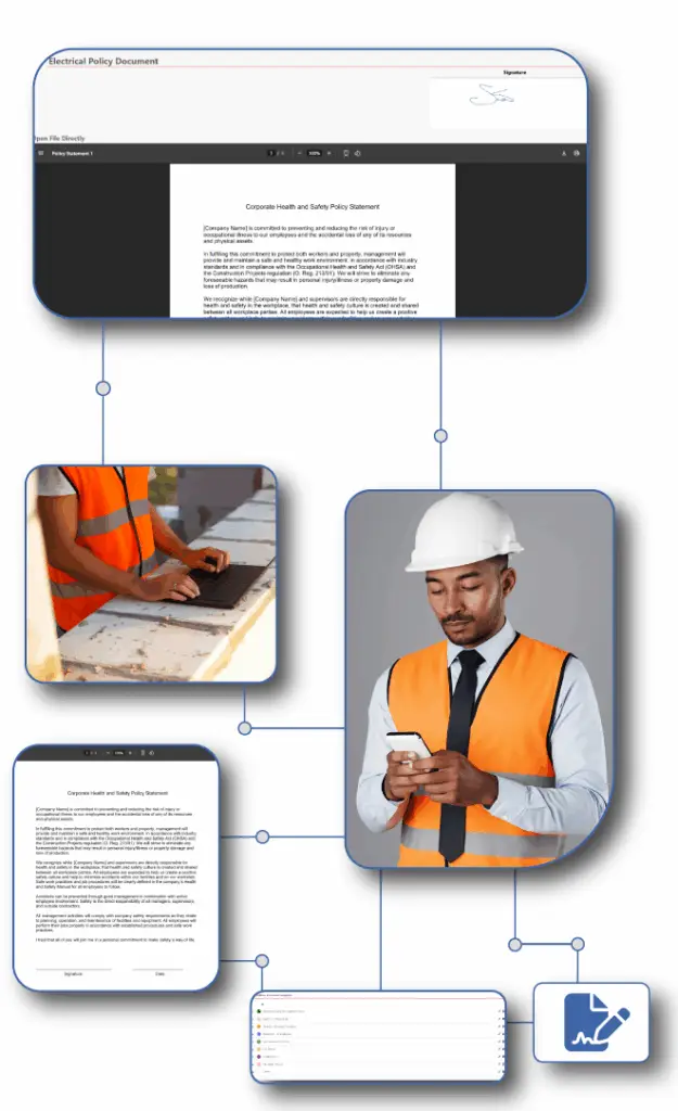 Safety officer using FlexManager's mobile-to-desktop integration presenting the Policies & Procedures module Ensuring easy access to up-to-date standard operating procedures, supporting consistent application and robust compliance management.