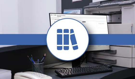 Computer showing Document Library module highlighting centralized, version-controlled solution for streamlined document management, collaboration, and easy access to all file types.