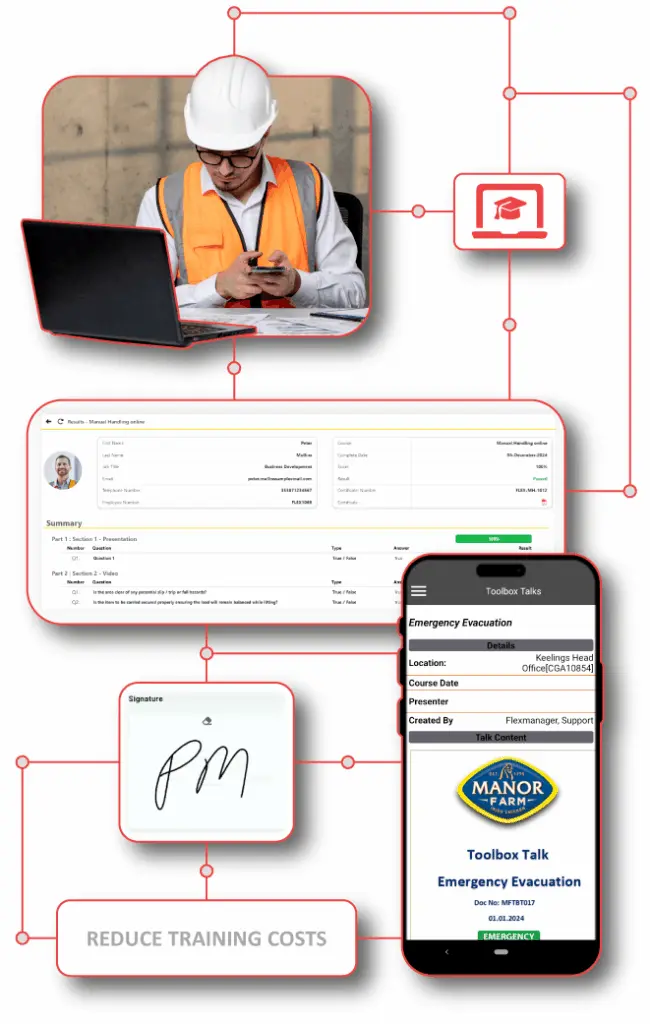 HR professional using e-Learning module, a mobile-to-desktop integrated platform for flexible, targeted training, effective progress tracking, and enhanced knowledge retention.