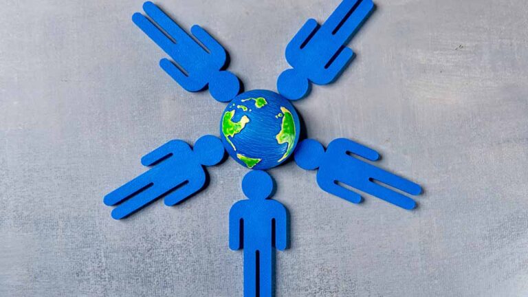 Abstract representation of Corporate Social Responsibility (CSR), featuring interconnected elements and sustainable themes, with cutouts of individuals encircling a globe.