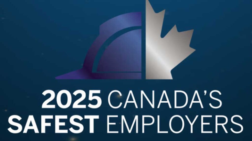 Logo for Canada's 2025 Safest Employer Award, of a construction helmet alongside a maple leaf.