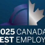 Logo for Canada's 2025 Safest Employer Award, of a construction helmet alongside a maple leaf.