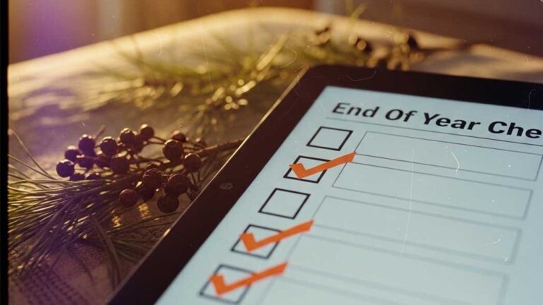 End-of-year checklist on a digital tablet with check markts.