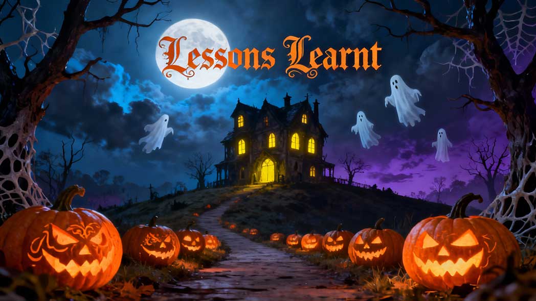 Lessons Learnt module as part of FlexManager's compliance solutions, written on a night sky with a trail of pumpkins and ghosts leading into a haunted mansion.