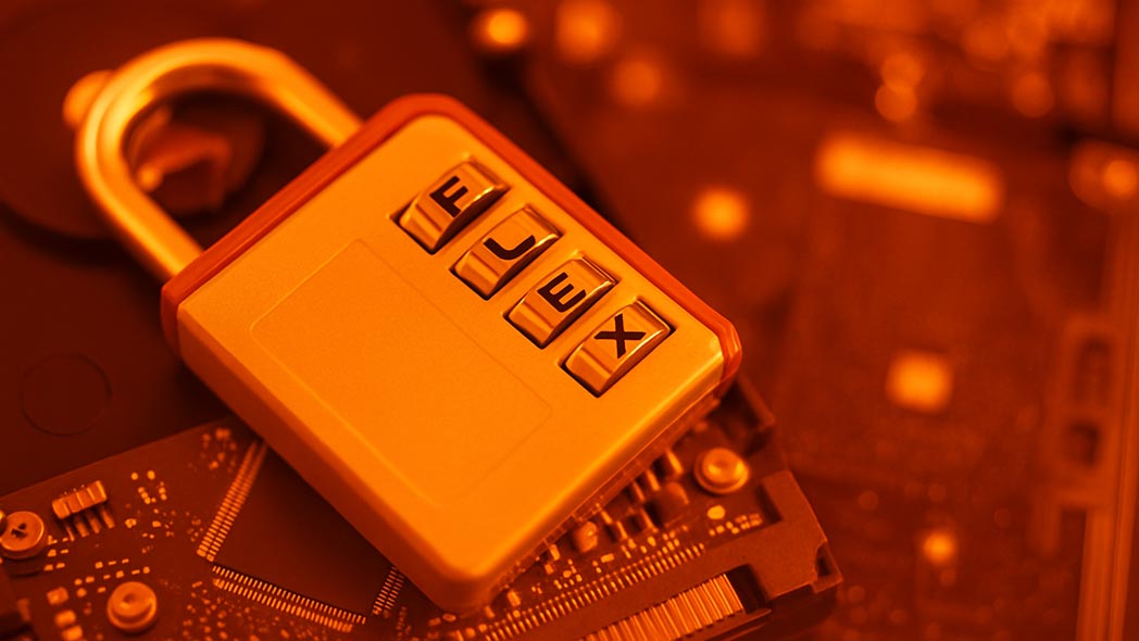 Representation of a lock with FLEX in the combination, representing the data security that can be seen from organisations that use the FlexManager compliance system.