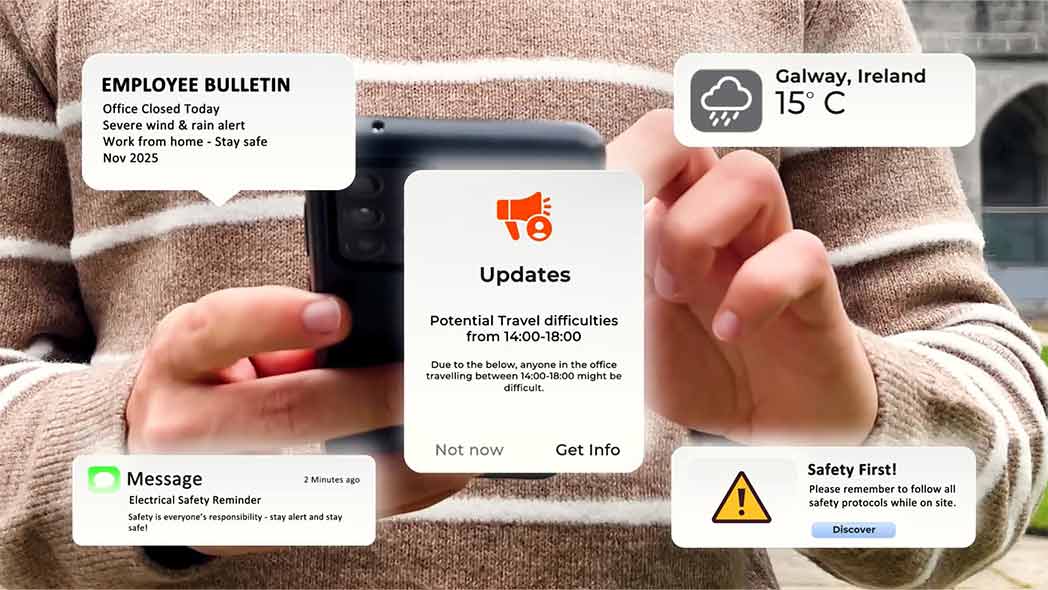Employee receiving instant notification from employee bulletin application.