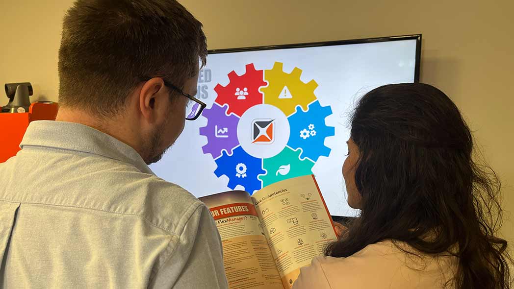 Flex insights being portrayed by professionals discussing the key benefits of a connected solution such as FlexManager for HSEQ professionals