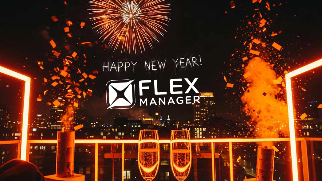 New Year celebrations with FlexManager logo alongside fireworks and party poppers.