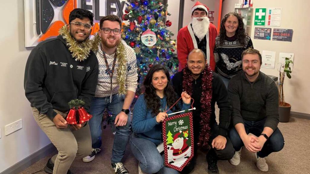 FlexManager personnel celebrating christmas decorations.