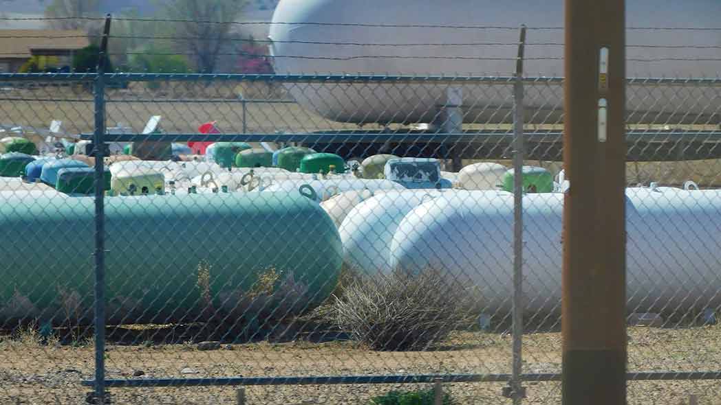 Propane tanks on a large site. Tank explosion resulted in stop work orders in Manitoba.