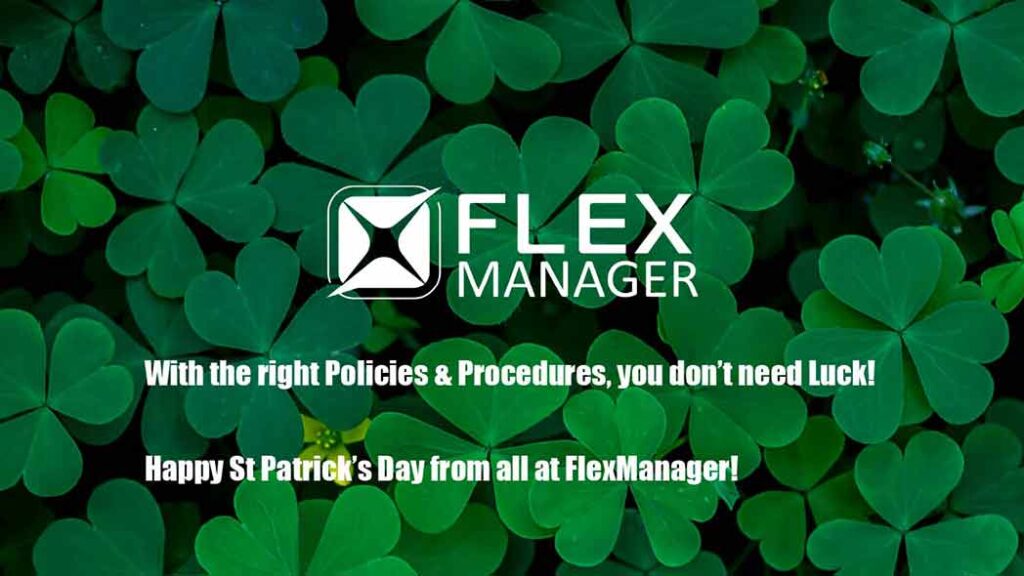 Shamrocks with the FlexManager logo embedded to mark St Patricks Day 2026.