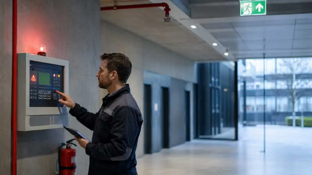 Technician inspecting a failing building safety system in Germany, showing fire alarm warnings and asset management compliance risks.