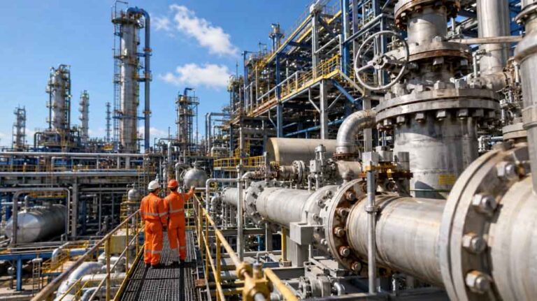 Industrial refinery pipework and steel infrastructure representing the importance of asset integrity management, planned maintenance, and inspection scheduling after the Esso Fawley HSE prosecution.