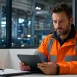 A safety manager reviewing a digital workplace risk assessment document at a desk in a modern German industrial facility.