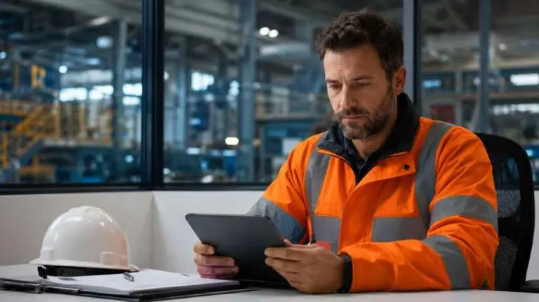 A safety manager reviewing a digital workplace risk assessment document at a desk in a modern German industrial facility.