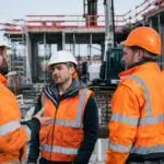 Construction workers in high-visibility vests on a worksite in France representing the new PST 2026–2030 national occupational health plan and employer compliance obligations.