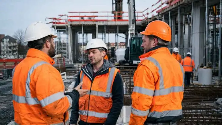 Construction workers in high-visibility vests on a worksite in France representing the new PST 2026–2030 national occupational health plan and employer compliance obligations.