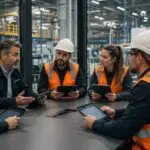 A workplace safety committee meeting in manufacturing facility, with workers and managers reviewing health and safety documentation together.