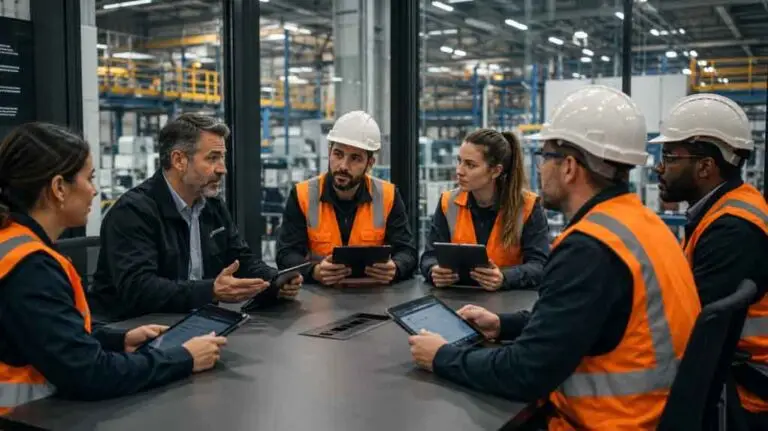 A workplace safety committee meeting in manufacturing facility, with workers and managers reviewing health and safety documentation together.