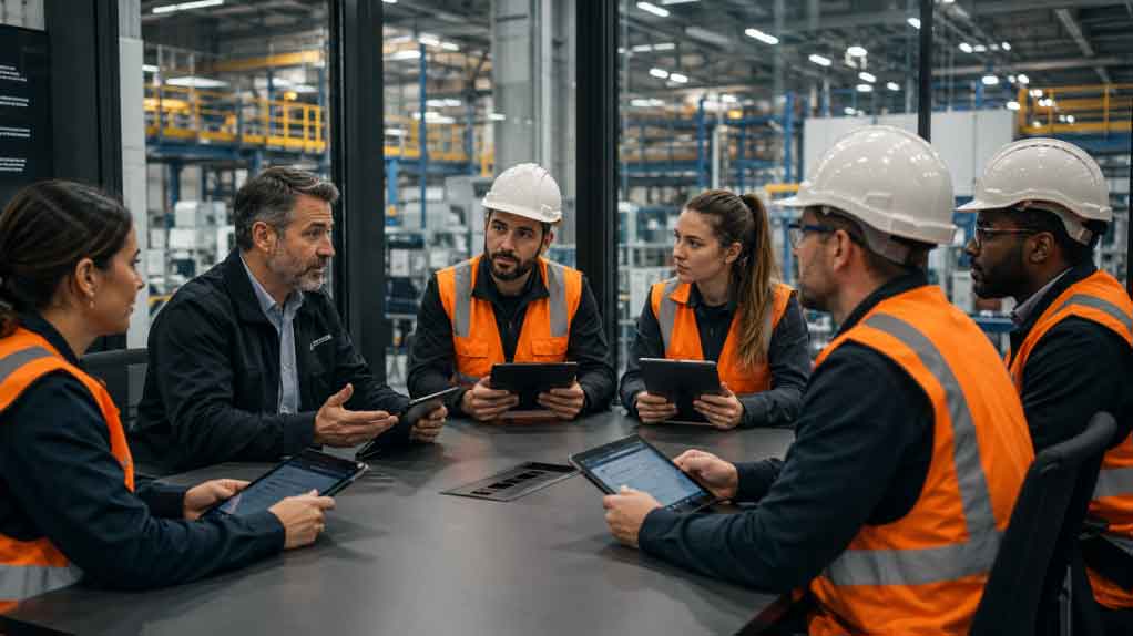 A workplace safety committee meeting in manufacturing facility, with workers and managers reviewing health and safety documentation together.