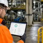 A safety manager reviewing digital compliance and inspection records on a tablet in a UK industrial facility, with warning signage visible in the background.