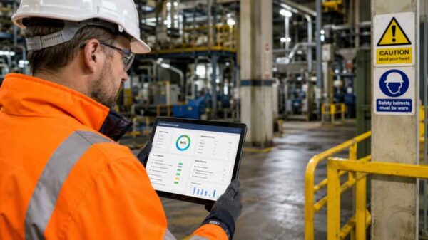 A safety manager reviewing digital compliance and inspection records on a tablet in a UK industrial facility, with warning signage visible in the background.